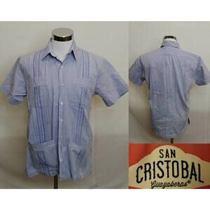 San Cristobal Guayabera Cuban Shirt Men's M Blue/White Check Button Down #J4894